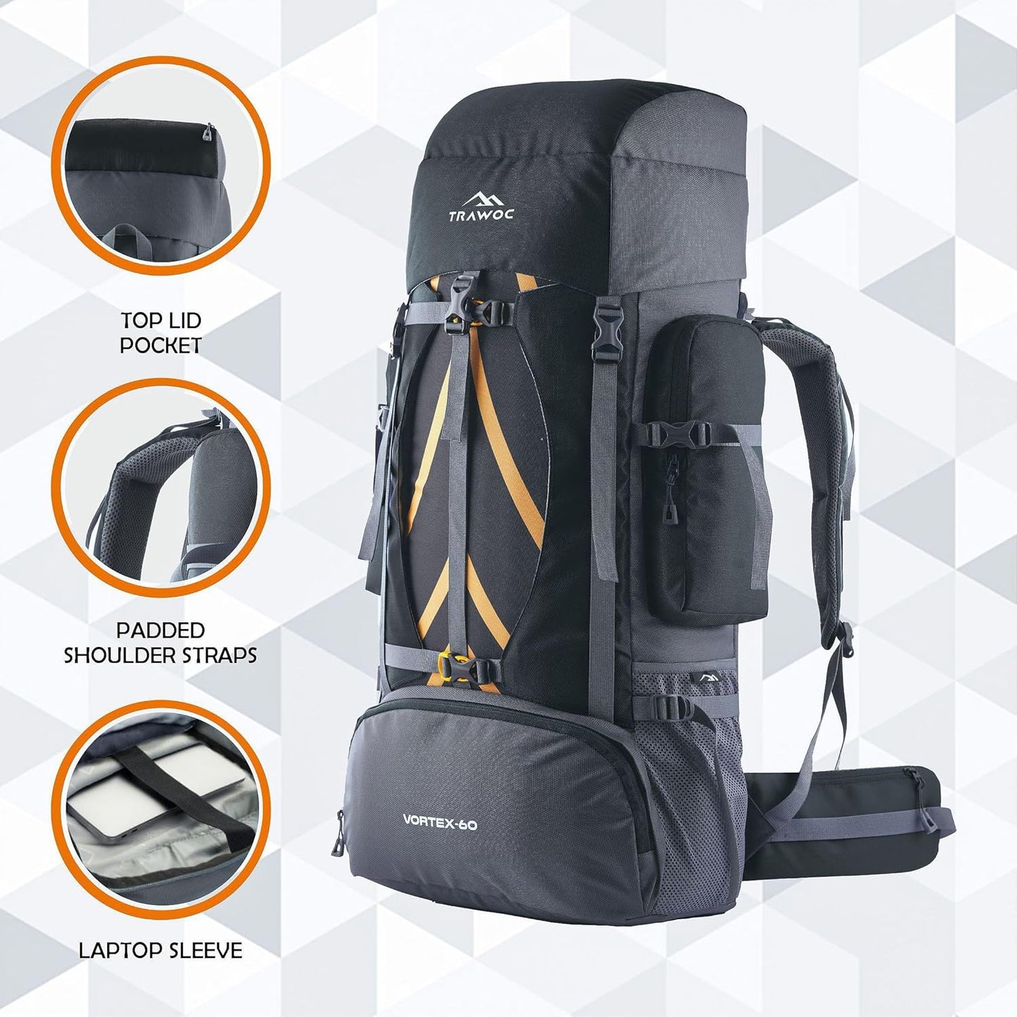 VORTEX 60L Travel Backpack - Hiking, Trekking Rucksack for Men & Women - HK004 - Black