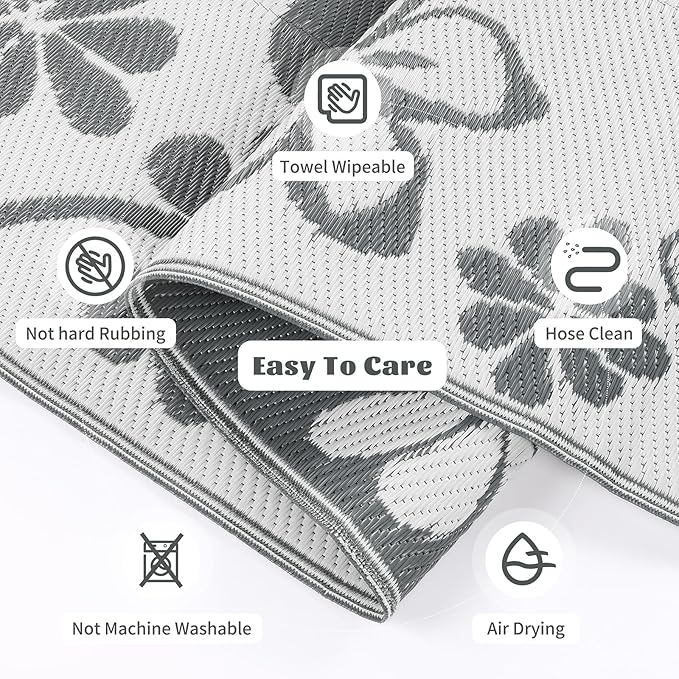 Ileading Outdoor Plastic Straw Rug 6x9ft Funny Floral Style Reversible Patio Area Rugs Waterproof Non Shedding Portable Carpets for Rv Outside Deck Pool Beach Picnic Camping (Grey)