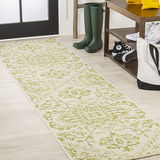 JONATHAN Y SMB105E-210 Estrella Bohemian Medallion Textured Weave Indoor Outdoor Runner Rug, Coastal Traditional Easy-Cleaning,Bedroom,Kitchen,Backyard,Patio,Non Shedding 2 X 10, Cream/Green