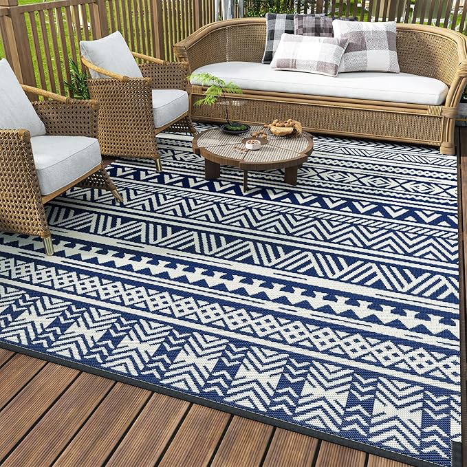 MontVoo Outdoor Rug Carpet Waterproof 6x9 Outdoor Patio Rug Mat Reverisble Plastic Straw Outdoor Rug for RV Camping Picnic Beach Balcony Boho Navy Blue