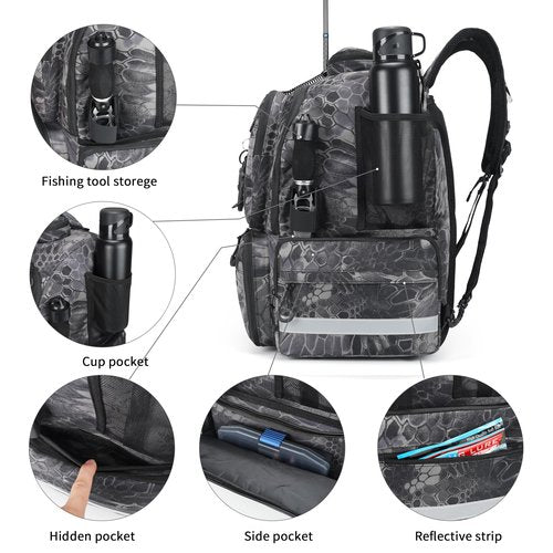 Rabjen Fishing Tackle Backpack, 45L Storage Waterproof Travel Bag Store Fishing Gear with Insulated Top Pocket