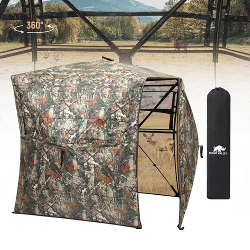 Rhino Valley Hunting Blind 360° See Through, 2-3 Person Pop Up Ground Blinds with Carrying Bag, Portable Resilient Hunting Tent with Silent Magnetic Door & Sliding Windows for Deer Turkey
