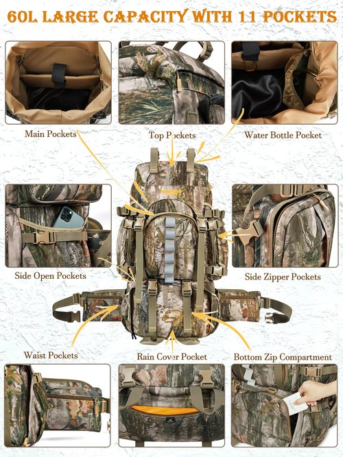 NEW VIEW Hunting Backpacks for Men 60L, Camo Hunting Bags for Deer Elk, Waterproof Large Pack with Rain Cover