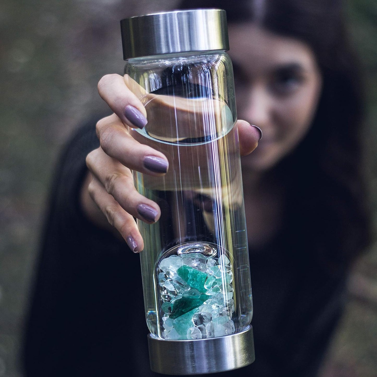 VitaJuwel ViA LUNA | Crystal Water Bottle with Rainbow Moonstone and Clear Quartz for Intuition, Empathy, Femininity
