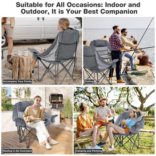 RELAX FIELD Oversized Camping Chair, Portable Folding Padded Camp Chairs with Side Pocket, Cup Holder, Heavy Duty Support 500LBS Outdoor Lounge Chair for Adults, Fishing, Sports, Trip, Grey