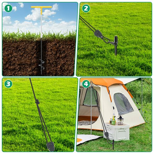 Tent Stakes Heavy Duty, 8 Pack 17.7" Ground Anchors Screw in, Trampoline Stake with 8 Adjustable RV Awning Tie Down Ratchet Straps for High Winds, Spiral Anchors Kit for Camping Swing Set Canopy Sheds