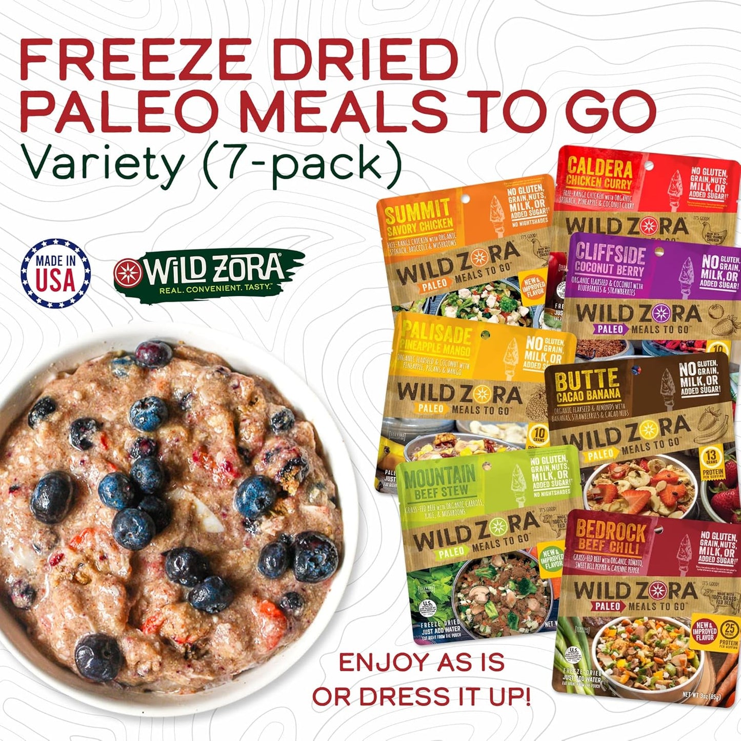 Wild Zora Paleo Freeze Dried Meals for Backpacking & Camping - Healthy Gluten Free & Grain Free Camping Meals/Backpacking Food + No Added Sugar - Great for Travel (AIP 4-pack)