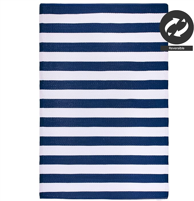 FH Home Outdoor Rug - Waterproof, Fade Resistant, Reversible - Premium Recycled Plastic - Striped - Large Patio, Deck, Sunroom, Camping, RV - Brittany Stripe - Blue & White Crease Free - 6 x 9 ft