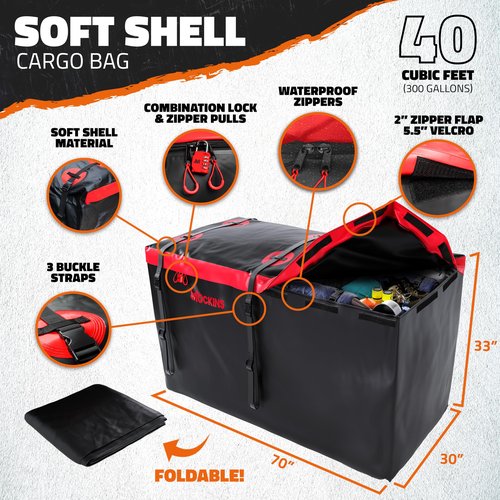 Mockins XXL 70"x30"x6" Folding Trailer Hitch Cargo Carrier w/Rear Lights, License Plate Bracket & 40 Cu Ft Waterproof Cargo Bag for Hitch Carrier | 500 Lbs Cap Car Trailer Basket Set w/Accessories