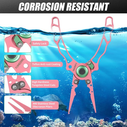 YUMEOWL Lockable Fishing Pliers & Hook Removers with Tungsten Steel Cutters, Non-Stick Coating, Ergonomic Handle and Lost Rope,Sheath - Lightweight, Multi-Function Fishing Gear, Pink 6.6" 3.8 oz