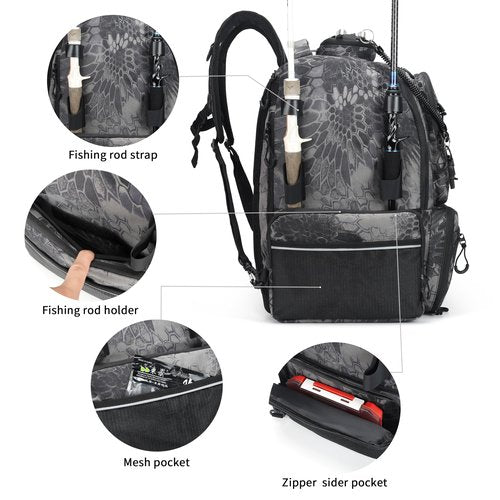 Rabjen Fishing Tackle Backpack, 45L Storage Waterproof Travel Bag Store Fishing Gear with Insulated Top Pocket