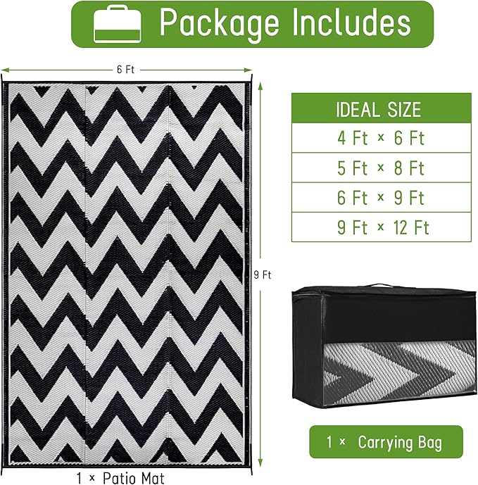Easy-Going Reversible Outdoor Rugs 6x9ft Waterproof Plastic Straw Rug Stain & UV Resistant Floor Mat for Patio Porch RV Backyard Pool Deck Picnic Beach Trailer Camping (Waved Black & Light Grey)