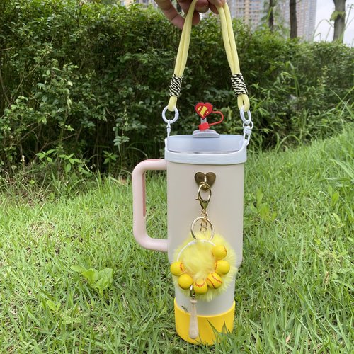 Softball Charms Silicone Straw Cover Cap Lid Set With Strap Carrier For Stanley Cup Accessories 30 40 oz Tumbler,Water Bottle Holder With Strap and Attachments (Yellow)