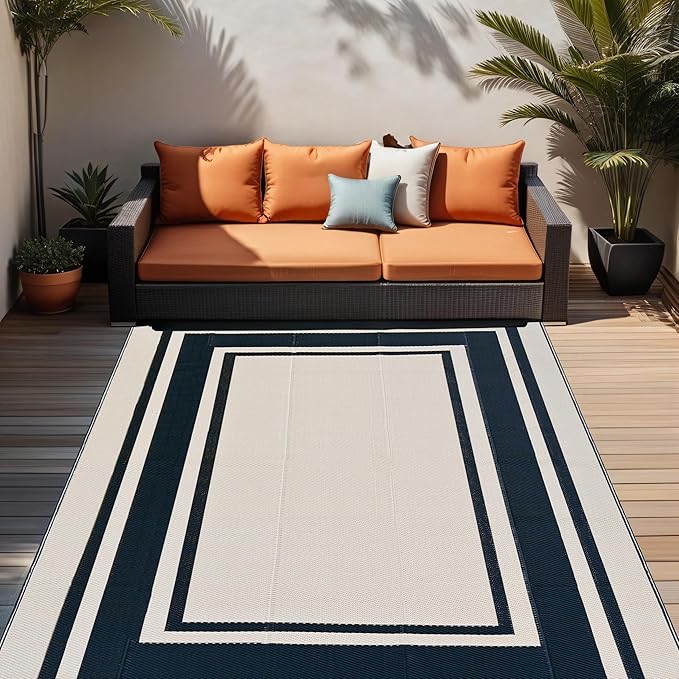 RURALITY Outdoor Rug 9x12 Waterproof for Patio Clearance,Large Plastic Straw Mat for Camping,Porch,RV,Reversible,Black and Beige