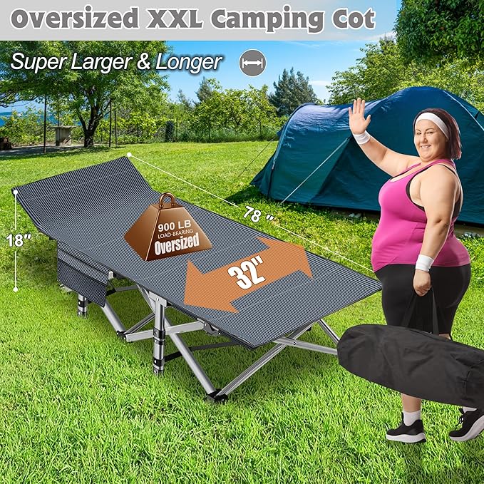 ABORON 2Pack Oversized XXL Folding Camping Cot W/Mat for Adults, 78" L x 32" W x 18" H Heavy Duty Outdoor Bed with Carry Bag,1200 D Layer Oxford Travel Camp Cots