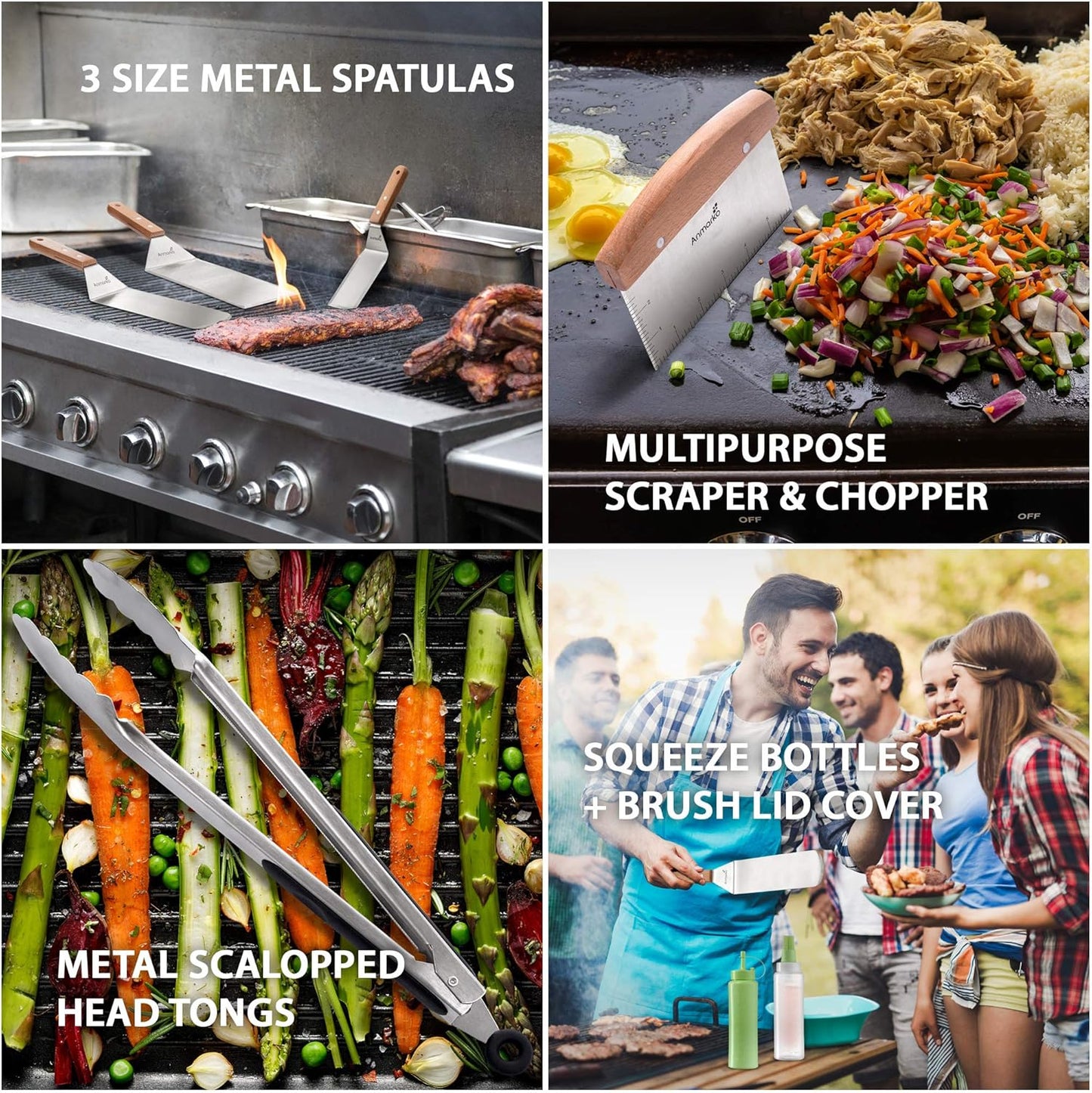 Stainless Steel Metal Spatula Set - Teppaniyaki Spatulas - Griddle Scraper Flat Spatula Pancake Flipper Hamburger Turner - Metal Utensil great for BBQ Grill Flat Top Cast Iron Griddle Accessories