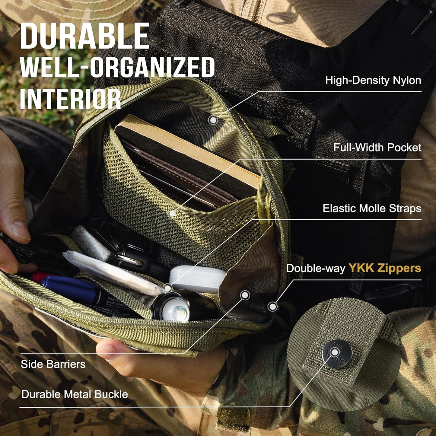 OneTigris MOLLE Pouch, Tactical Admin Pouch Belt EDC Tool Organizer Zippered Utility Waist Pack 7.5"x5"x2"