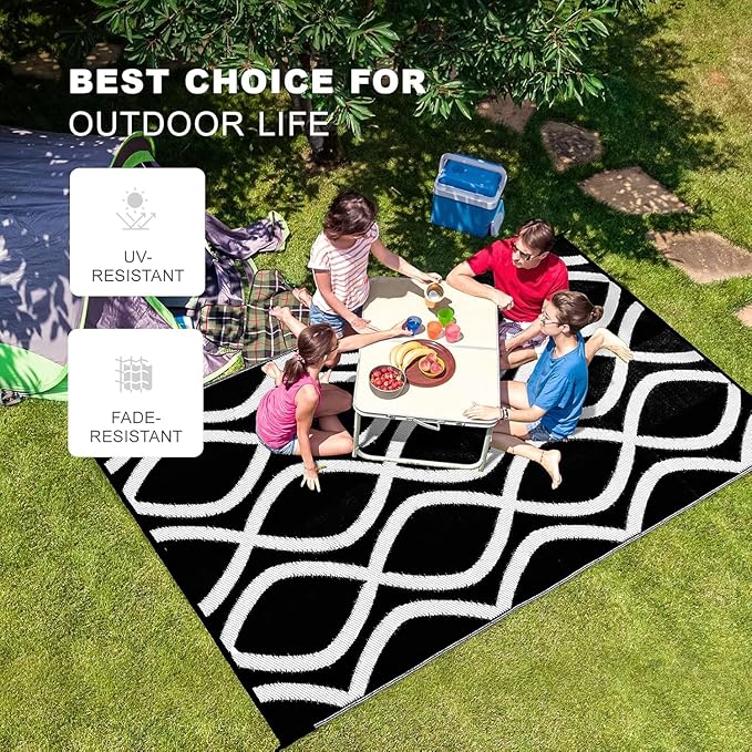wikiwiki Outdoor Rug, 6x9ft Waterproof Reversible Mat Indoor Outdoor Rugs Carpet, Small Area Rug Plastic Straw Rug for Patio Deck Balcony Pool RV Camping Beach Picnic, Black & White, Rugscape Series