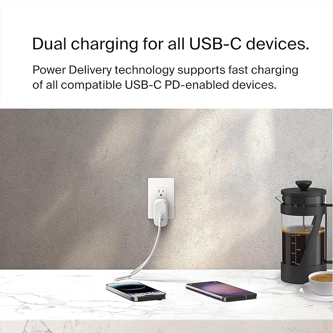 Belkin Dual USB C Charger Block 60W (2 Pack) w/PPS Super Fast Charging - Samsung Galaxy S25, Apple iPhone 16, iPad, Google Pixel, Nintendo Switch 2 - White