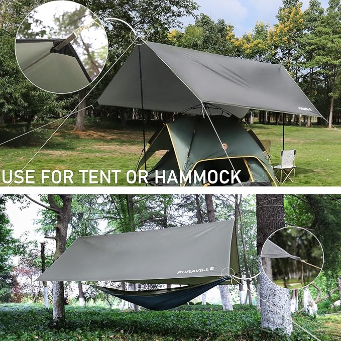 Puraville Rain Fly Camping Tarp 3000mm+ Ultra Waterproof Resistant Sun Shade Lightweight Hammock Tent Tarp with Multifunctional Camping Accessories (12X10 ft Grey)
