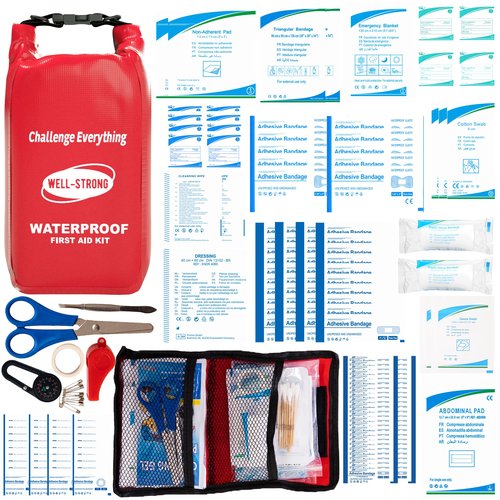 WELL-STRONG Waterproof Marine First Aid Kit 210Pcs - Emergency Boat Safety Supplies for Fishing, Kayaking with Roll Top Design