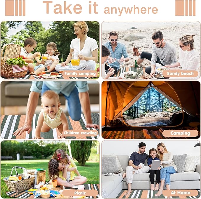 Waterproof Picnic Blanket 80" x 60" in Portable with Carry Strap for Beach Mat or Family Outdoor Camping Party, Park Blanket for Grass Park Hiking Travel, Concerts (Dark Green&White&Orange, 80" x 60")