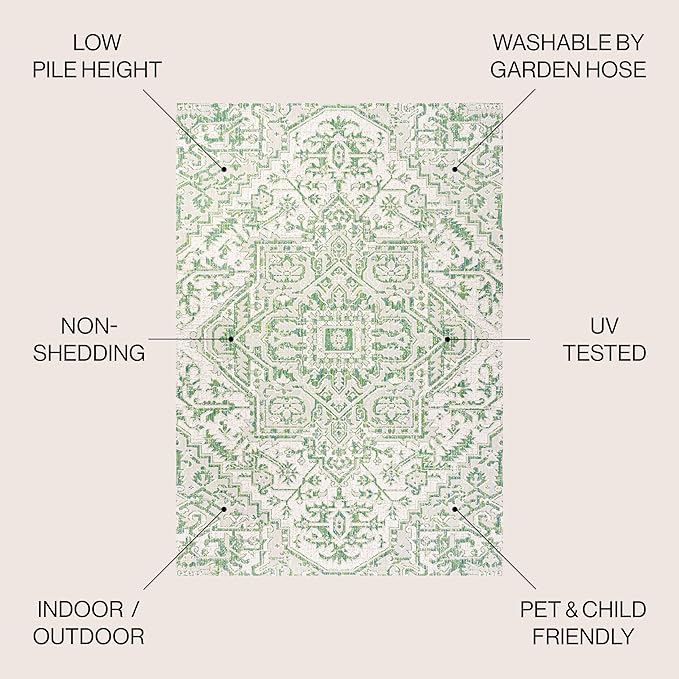 JONATHAN Y SMB105G-5SQ Estrella Bohemian Medallion Textured Weave Indoor Outdoor Area Rug, Coastal Traditional Transitional Easy Cleaning,Bedroom,Kitchen,Backyard,Patio, Green/Cream, 5' Square