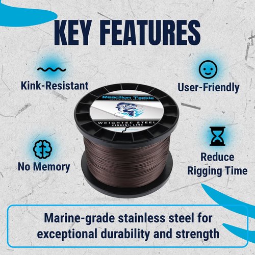 Reaction Tackle Weighted Stainless Steel Trolling Line 45LB- Premium Weighted Fishing Wire 45LB/ 300 Foot
