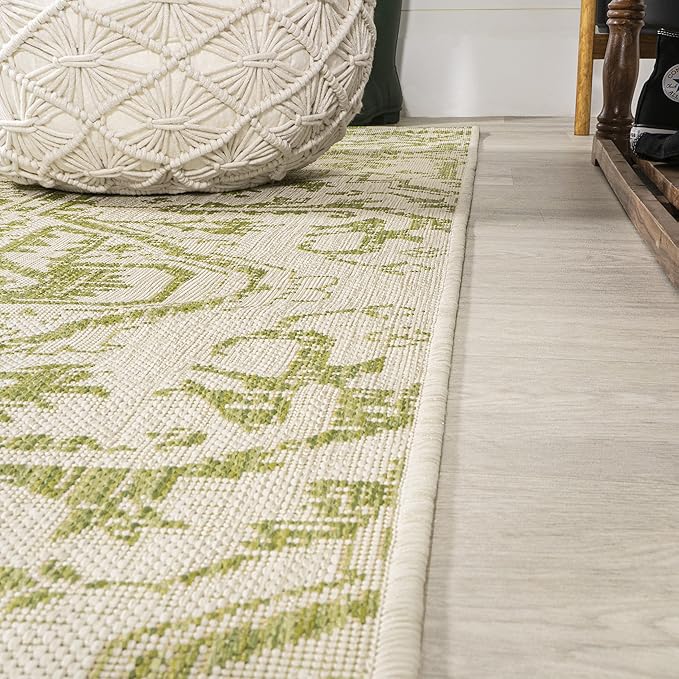 JONATHAN Y SMB105E-28 Estrella Bohemian Medallion Textured Weave Indoor Outdoor Runner Rug, Coastal Traditional Easy-Cleaning,Bedroom,Kitchen,Backyard,Patio,Non Shedding 2 X 8, Cream/Green