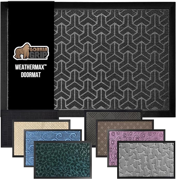 GORILLA GRIP 100% Waterproof All-Season WeatherMax Doormat, 23x35, Durable Natural Rubber, Stain and Fade Resistant, Low Profile, Indoor Outdoor Door Mats, Easy Clean Patio Entry Mat, Slate Geometric