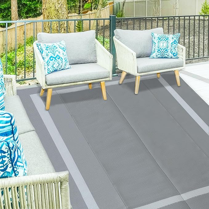 Ogrmar 6x9 FT Reversible Mats, Outdoor Rug for Patio Clearance, Waterproof Carpet, Plastic Straw Rug for Indoor Outdoor, Floor Mat&Rug for RV Porch Camping Backyard Deck Balcony Beach Trailer (Gray)