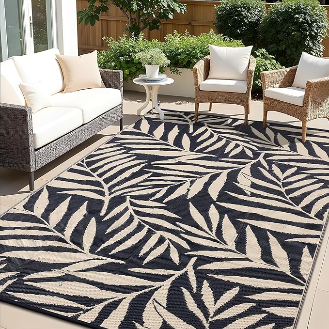 OLANLY Waterproof Outdoor Rug 8x10 ft, Reversible Outdoor Plastic Straw Rug with Leaf Pattern, RV Mat, Indoor Outdoor Carpet for Patio, Camping, Balcony, Deck, Backyard, Black & Beige