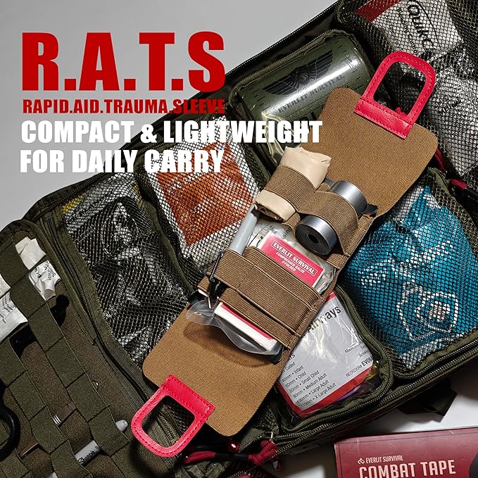 EVERLIT Rapid Aid Trauma Sleeve(Rats) EDC Trauma Kit, CAT GEN-7 Tourniquet QuikClot Gauze CE, Military Tactical IFAK for Bleeding Control (Black)