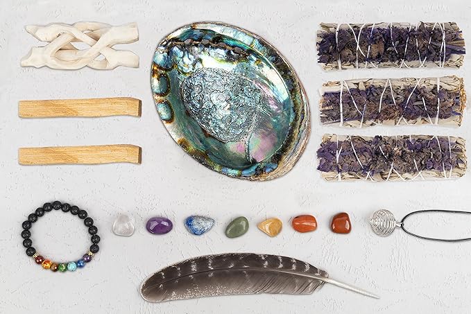 Wish Well Sage Smudge Kit - 3 Lavender Sage Sticks, 2 Palo Santo Sticks, Abalone Shell, Stand, Feather, 7 Chakra Stones & Crystal Bracelet ~ Sage Incense Sticks for Cleansing House & Meditation