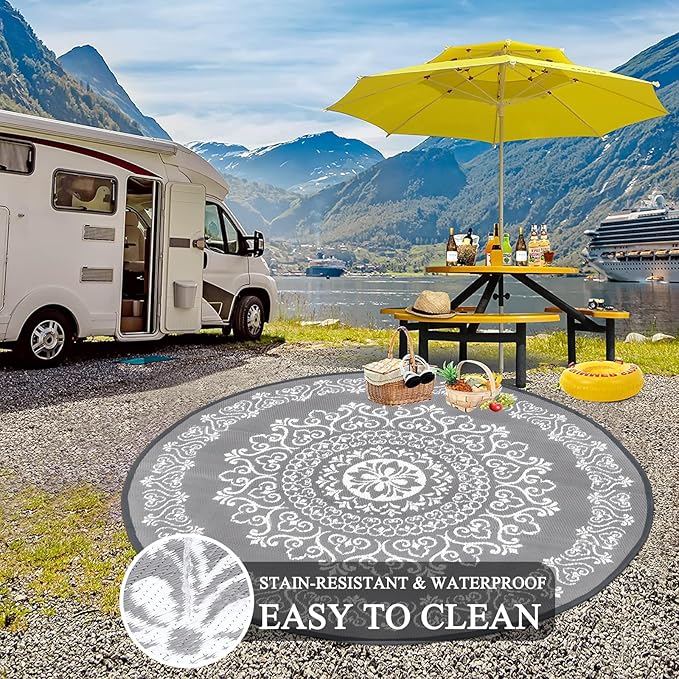 Pauwer Waterproof Outdoor Rug 6ft, Reversible Plastic Straw Patio Camping Rug, Indoor Outdoor RV Mat Carpet for Deck, Camper, Porch, Balcony, Backyard, Picnic, Floral Grey