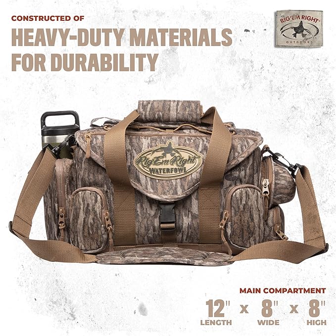 Rig'Em Right Waterfowl Standard Shell Shocker Duck Hunting Blind Bag with Sunglasses Case, Drink Holder, Ammo Compartment and More (Mossy Oak Bottom Lands Camo)