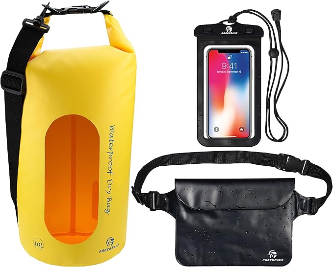 Waterproof Dry Bags Set Of 3 Dry Bag With 2 Zip Lock Seals & Detachable Shoulder Strap, Waist Pouch & Phone Case - Can Be Submerged Into Water - For Swimming (Yellow(Window), 5L)