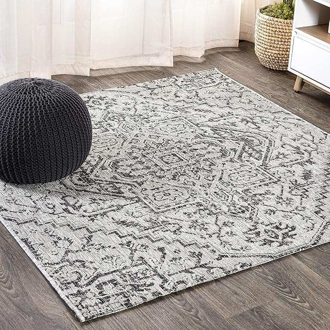 JONATHAN Y SMB105D-8SQ Estrella Bohemian Medallion Textured Weave Black/Gray 8' Square Indoor/Outdoor Area Rug, Pet Friendly, Non-Shedding, Stain Resistant, Easy-Cleaning for Backyard, Patio, Porch