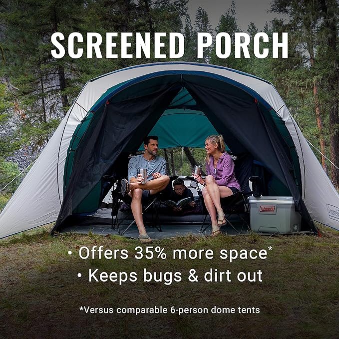 Coleman Cabin Camping Tent with Screened Porch, 4/6 Person Weatherproof Tent with Enclosed Screened Porch Option, Includes Rainfly, Carry Bag, Extra Storage, and 10 Minute Setup