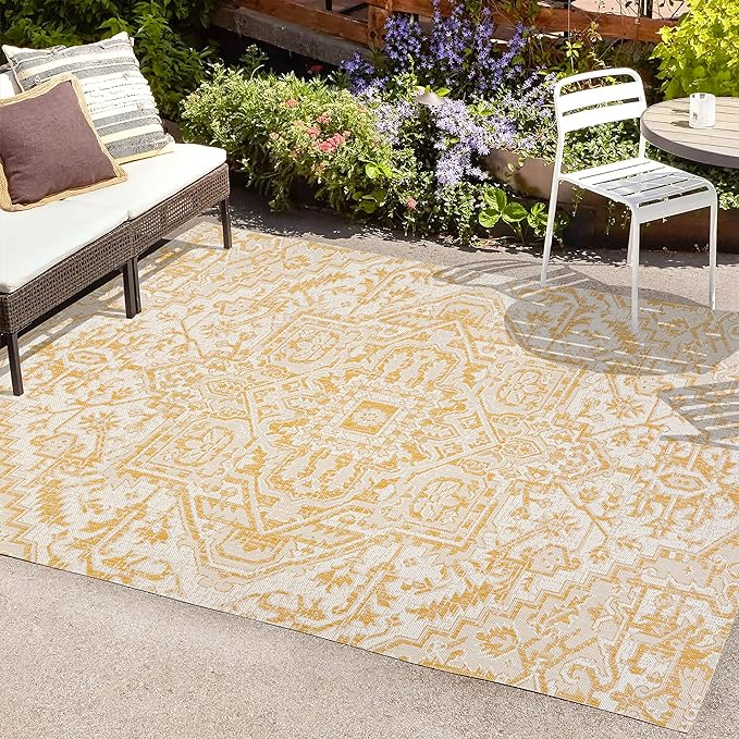 JONATHAN Y SMB105H-8 Estrella Bohemian Medallion Textured Weave Indoor Outdoor Area-Rug, Coastal Traditional Easy-Cleaning,Bedroom,Kitchen,Backyard,Patio,Non Shedding, 8 X 10, Cream/Yellow