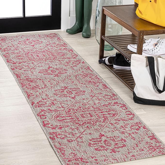 JONATHAN Y SMB105F-210 Estrella Bohemian Medallion Textured Weave Indoor Outdoor Runner Rug,Coastal,Traditional,Transitional Easy Clean,Bedroom,Kitchen,Backyard,Patio,NonShed,Light Gray/Fuchsia,2 X 10