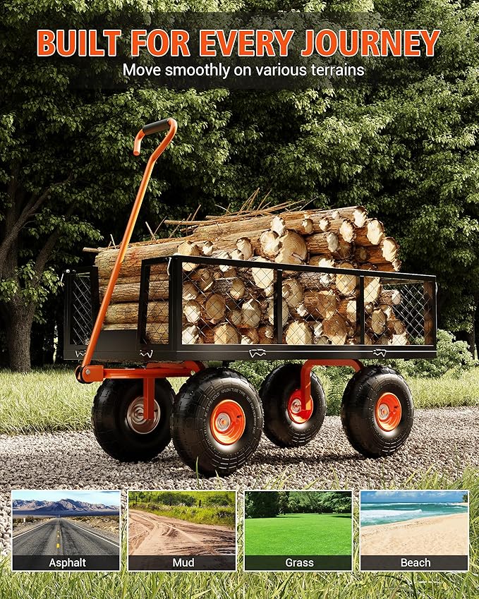 Heavy Duty 500 Lbs Capacity Steel Garden Cart, 3-In-1 Utility Metal Wagon, with Removable Mesh Sides to Convert Into Flatbed, 180° Rotating Handle and 10" Tires