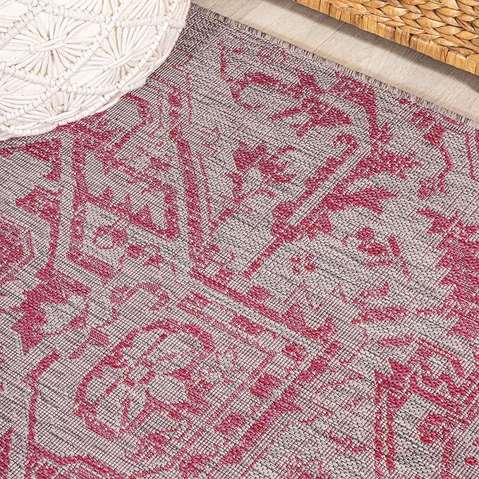JONATHAN Y SMB105F-210 Estrella Bohemian Medallion Textured Weave Indoor Outdoor Runner Rug,Coastal,Traditional,Transitional Easy Clean,Bedroom,Kitchen,Backyard,Patio,NonShed,Light Gray/Fuchsia,2 X 10