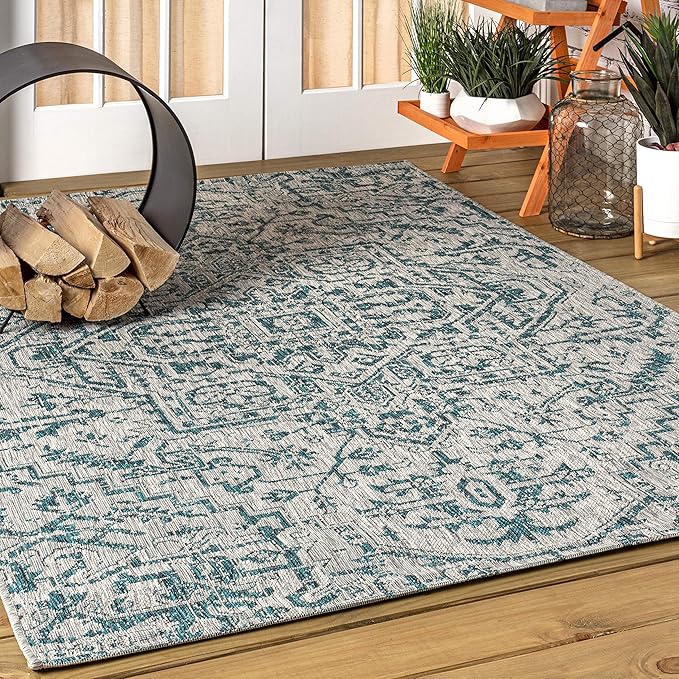 JONATHAN Y SMB105C-3 Estrella Bohemian Medallion Textured Weave Teal/Gray 3 ft. x 5 ft. Indoor/Outdoor Area Rug Coastal, Traditional, Transitional, Perfect for Backyard, Patio, Porch