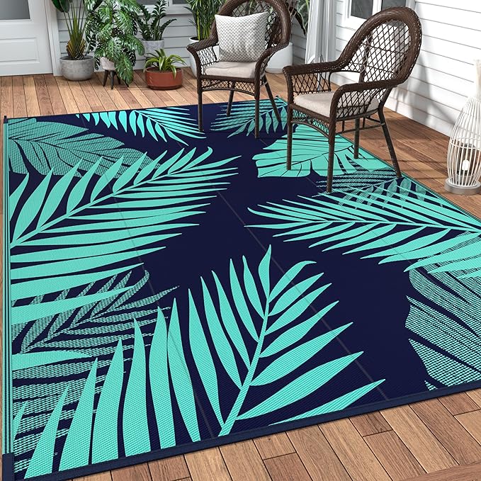 GENIMO Outdoor Rug 9' x 12' Waterproof for Patios Clearance, Reversible Outdoor Plastic Straw Camping Rug Carpet, Large Area Rugs Mats for RV, Camper, Deck, Balcony, Porch, Beach, Navy Blue&Jade Green