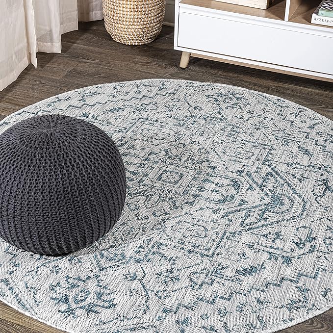 JONATHAN Y SMB105C-4R Estrella Bohemian Medallion Textured Weave Teal/Gray 4' Round Indoor/Outdoor Area Rug, Pet Friendly, Non-Shedding, Stain Resistant, Easy-Cleaning for Backyard, Patio, Porch