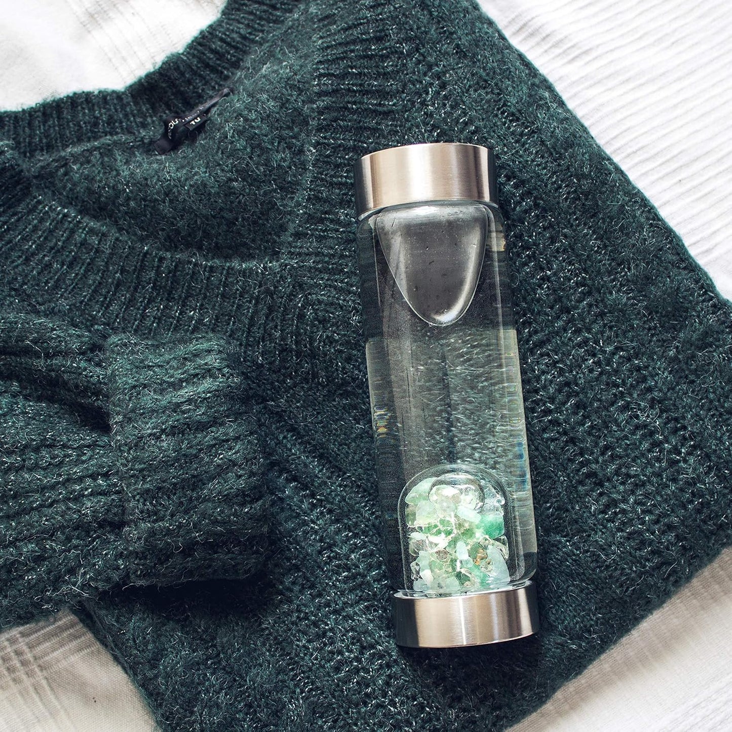 VitaJuwel ViA LUNA | Crystal Water Bottle with Rainbow Moonstone and Clear Quartz for Intuition, Empathy, Femininity