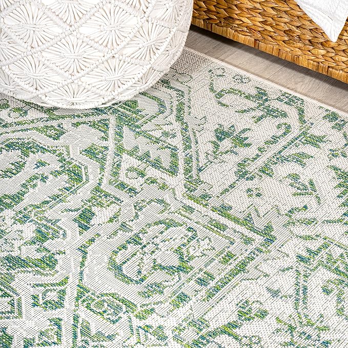 JONATHAN Y SMB105G-210 Estrella Bohemian Medallion Textured Weave Indoor Outdoor Runner Rug, Coastal,Traditional,Transitional Easy Clean,Bedroom,Kitchen,Backyard,Patio, Non-Shed, Green/Cream, 2 X 10
