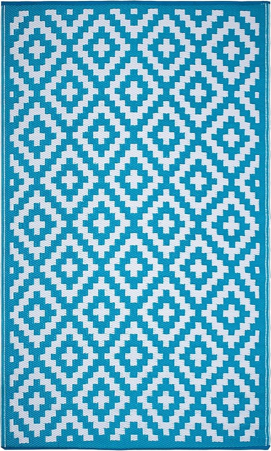FH Home Outdoor Rug - Waterproof, Fade Resistant, Reversible - Premium Recycled Plastic - Geometric - Patio, Deck, Porch, Balcony, Laundry Room - Aztec - Teal & White Crease Free - 4 x 6 ft