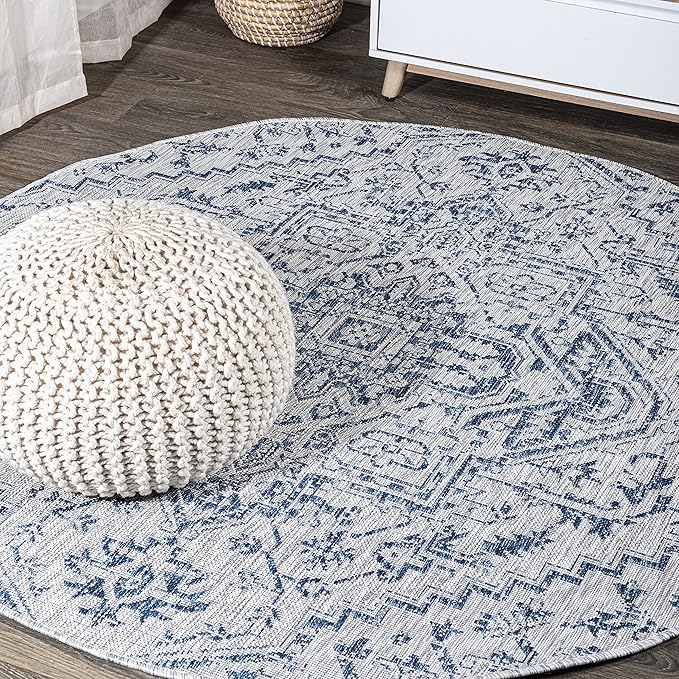 JONATHAN Y SMB105B-3R Estrella Bohemian Medallion Textured Weave Indoor/Outdoor Area Rug, Coastal, Traditional, Vintage for Bedroom, Kitchen, Living Room, Easy-Cleaning, Navy/Gray, 3' Round